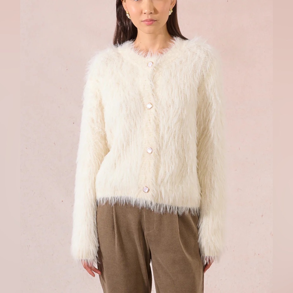Molly bracken ladies knitted textured Fuzzy Cream Cardigan small